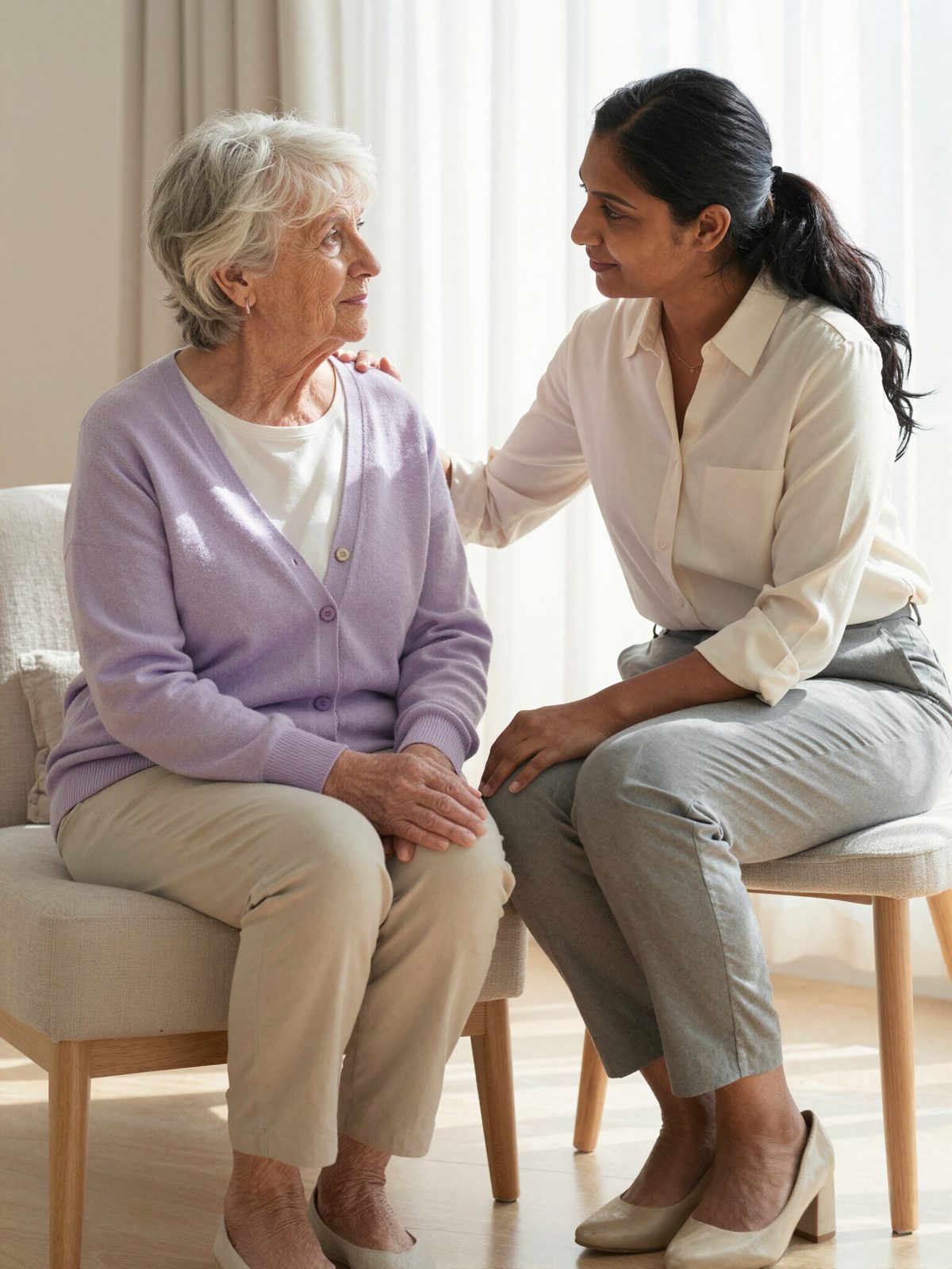 Advisor having a caring conversation with a senior woman
