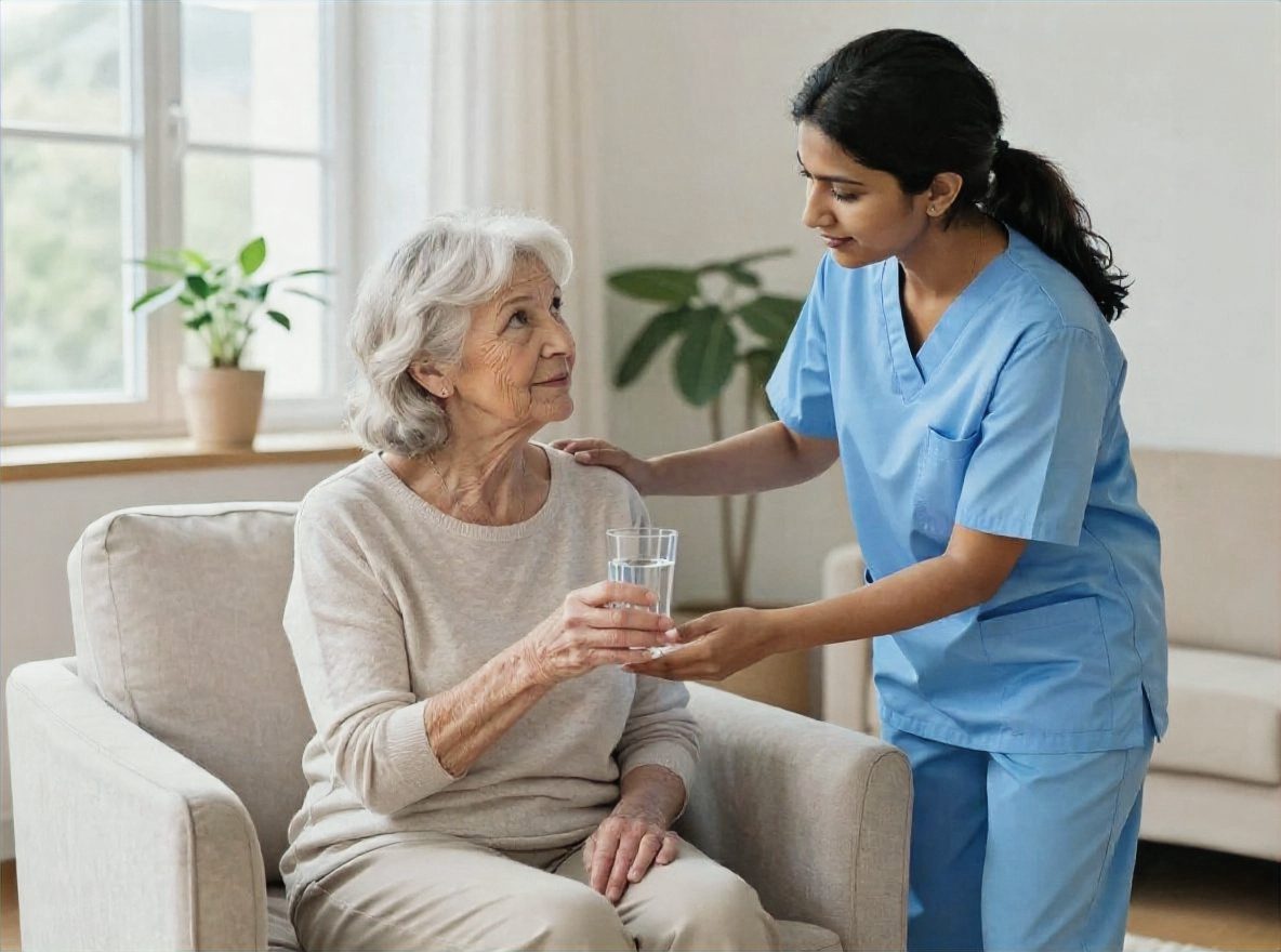 Caregiver assisting a senior resident in an assisted living community