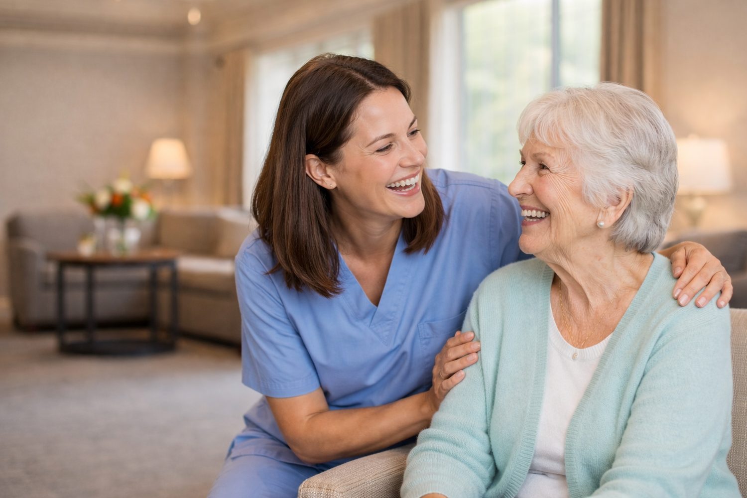 Caregiver and senior woman laughing together in a bright living room