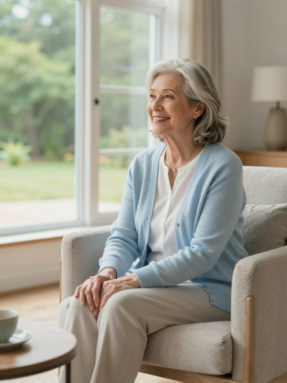Senior woman relaxing in her apartment at an independent living community
