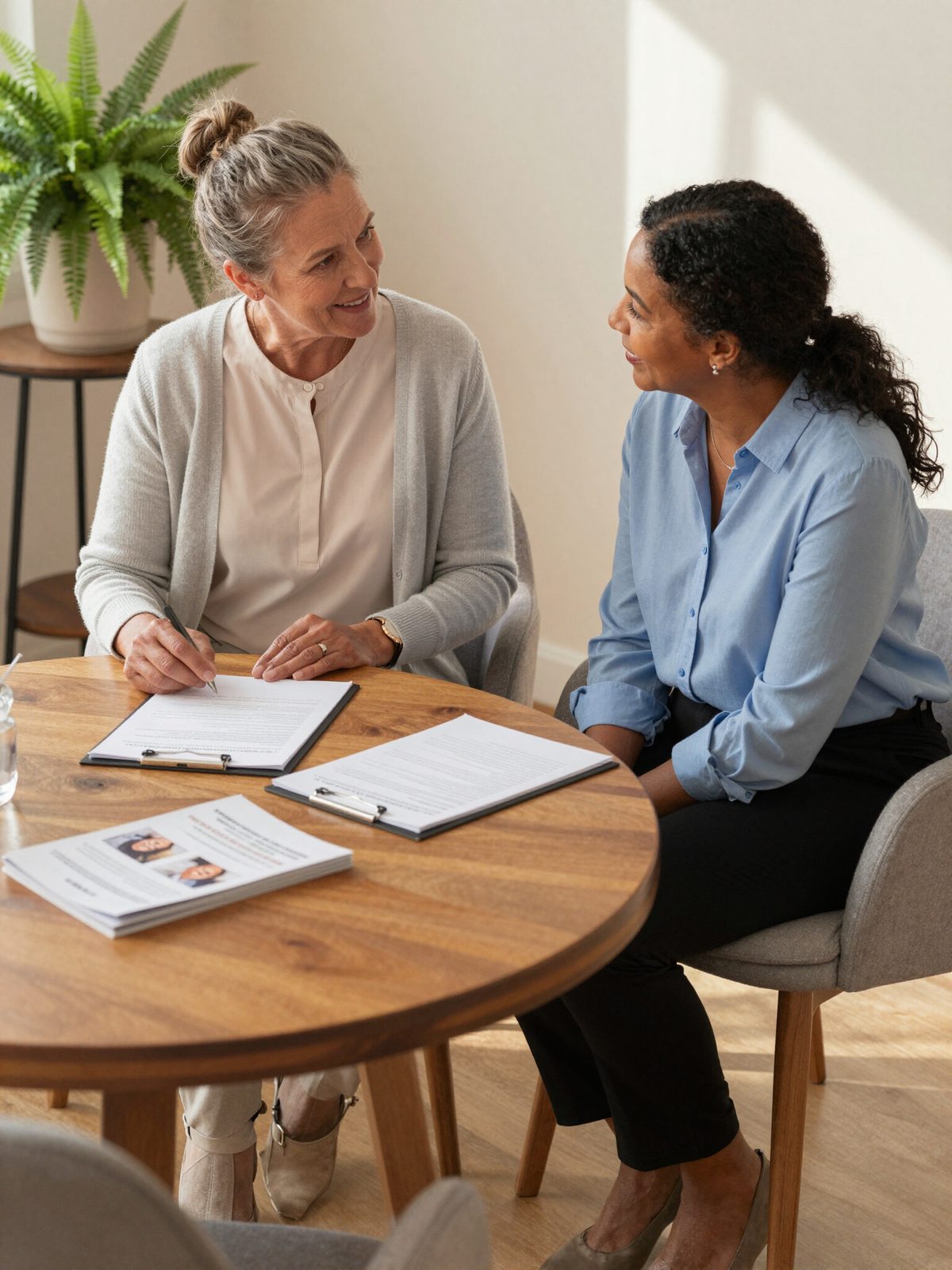 Two women reviewing senior living paperwork during a planning meeting