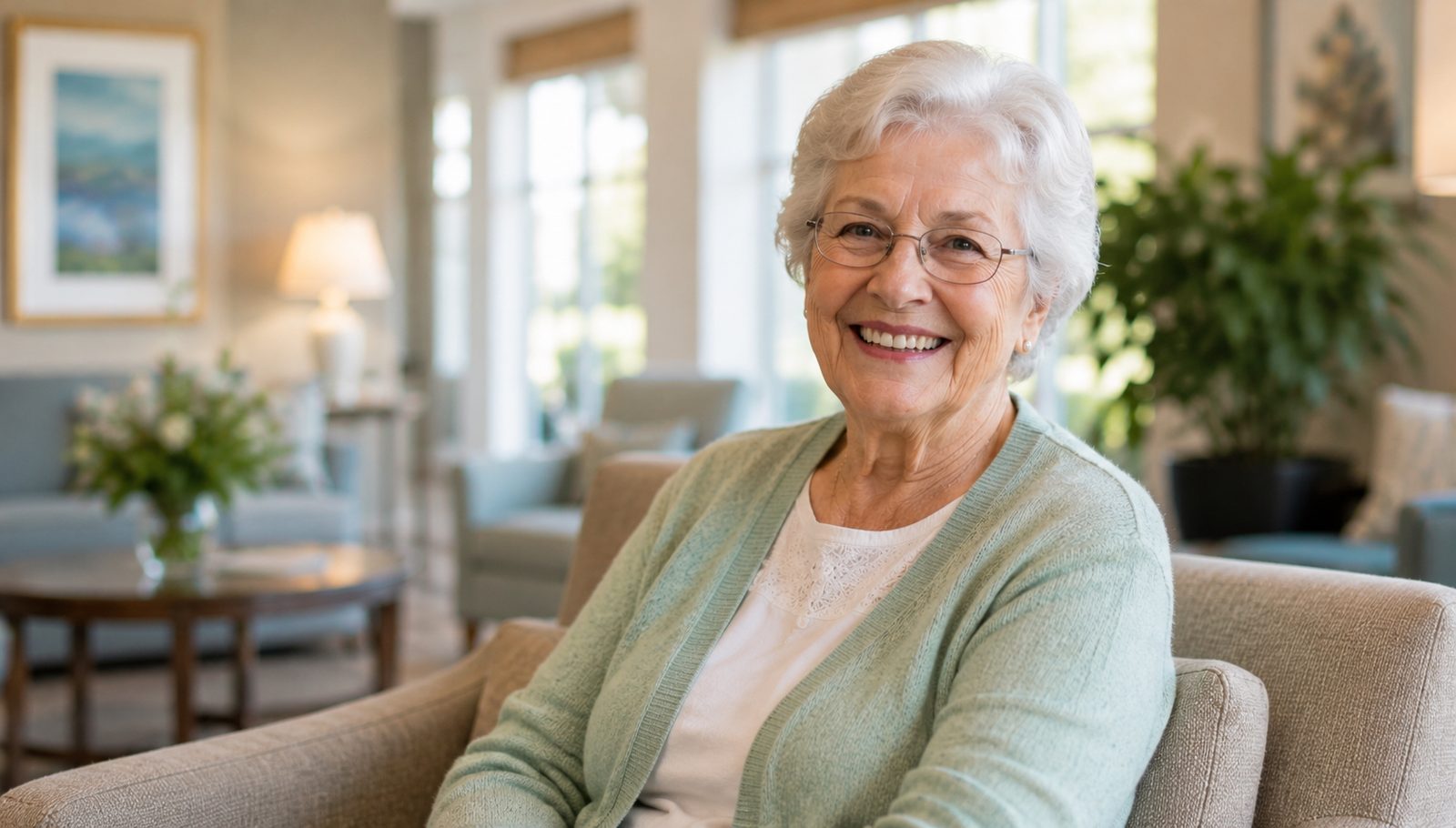 A senior woman smiling in a sunlit community lounge