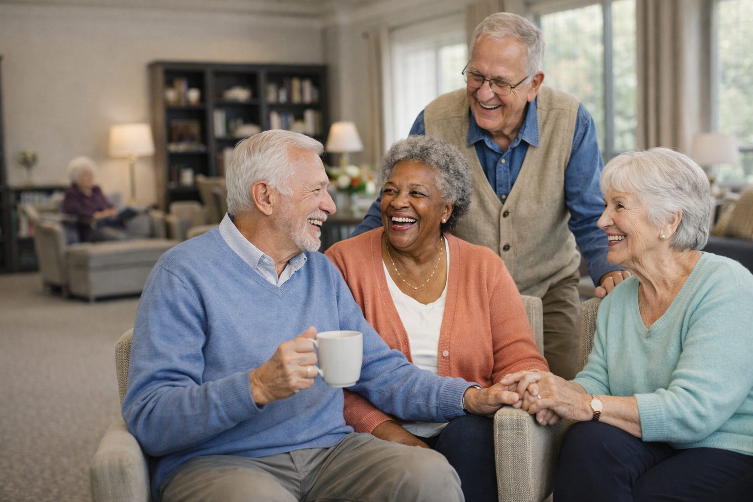 Seniors sharing coffee and conversation in a senior living community