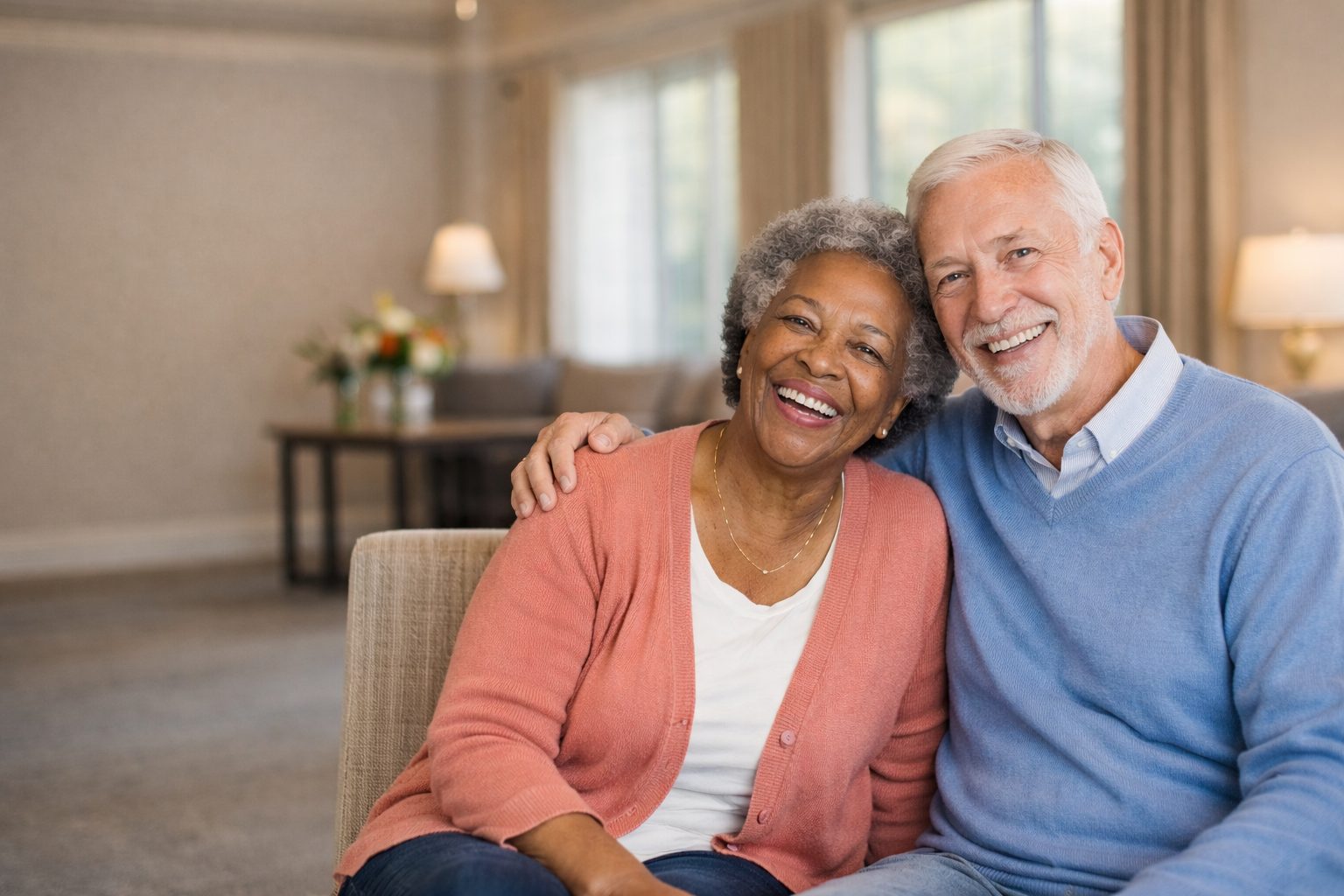 A smiling senior couple sitting together in a bright living room