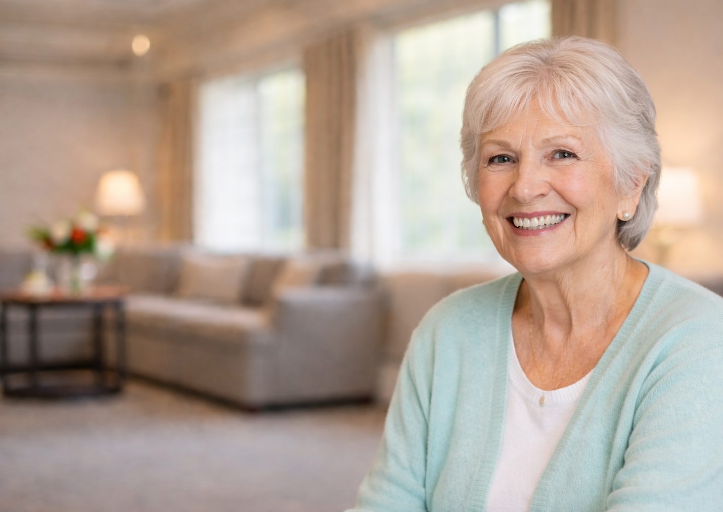 A content senior woman in a comfortable sitting room