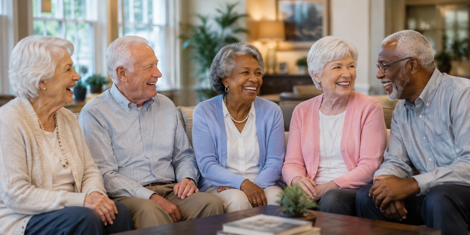 Group of senior friends laughing together in a community living room